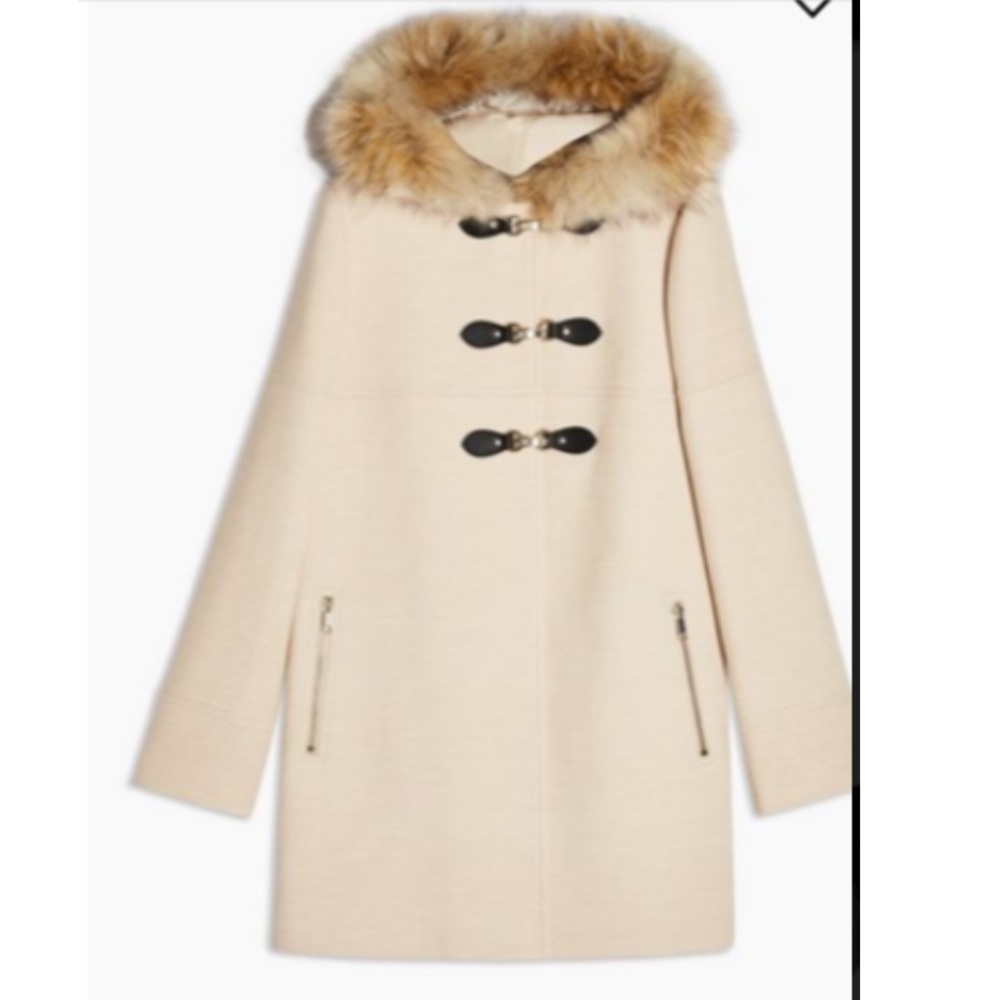 [Gstudio] Camel Herringbone Fur Hoodie Wool Coat